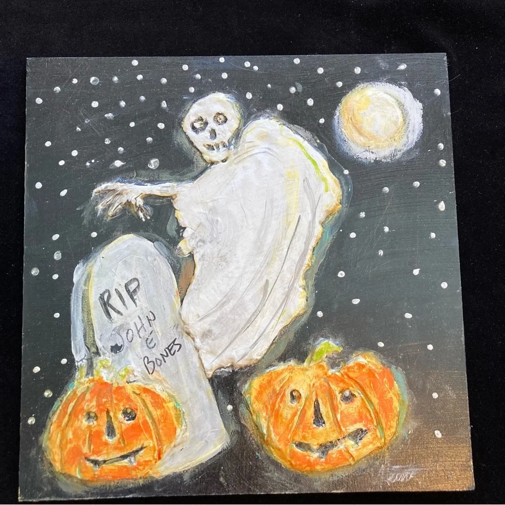 Graveyard Pumpkins ” acrylic &  Paper Clay Handmade Original 12”x12”onWood Panel